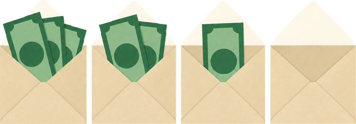 Four kraft envelopes in a row holding three, two, one and no banknotes.