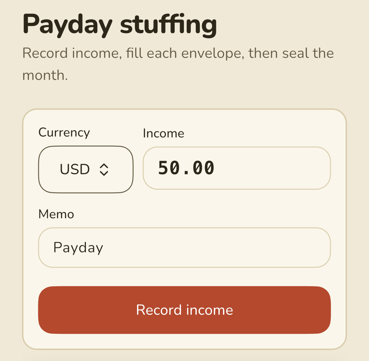 Upwardo payday stuffing screen: a currency picker, an income field showing 50.00, a Payday memo and a Record income button.