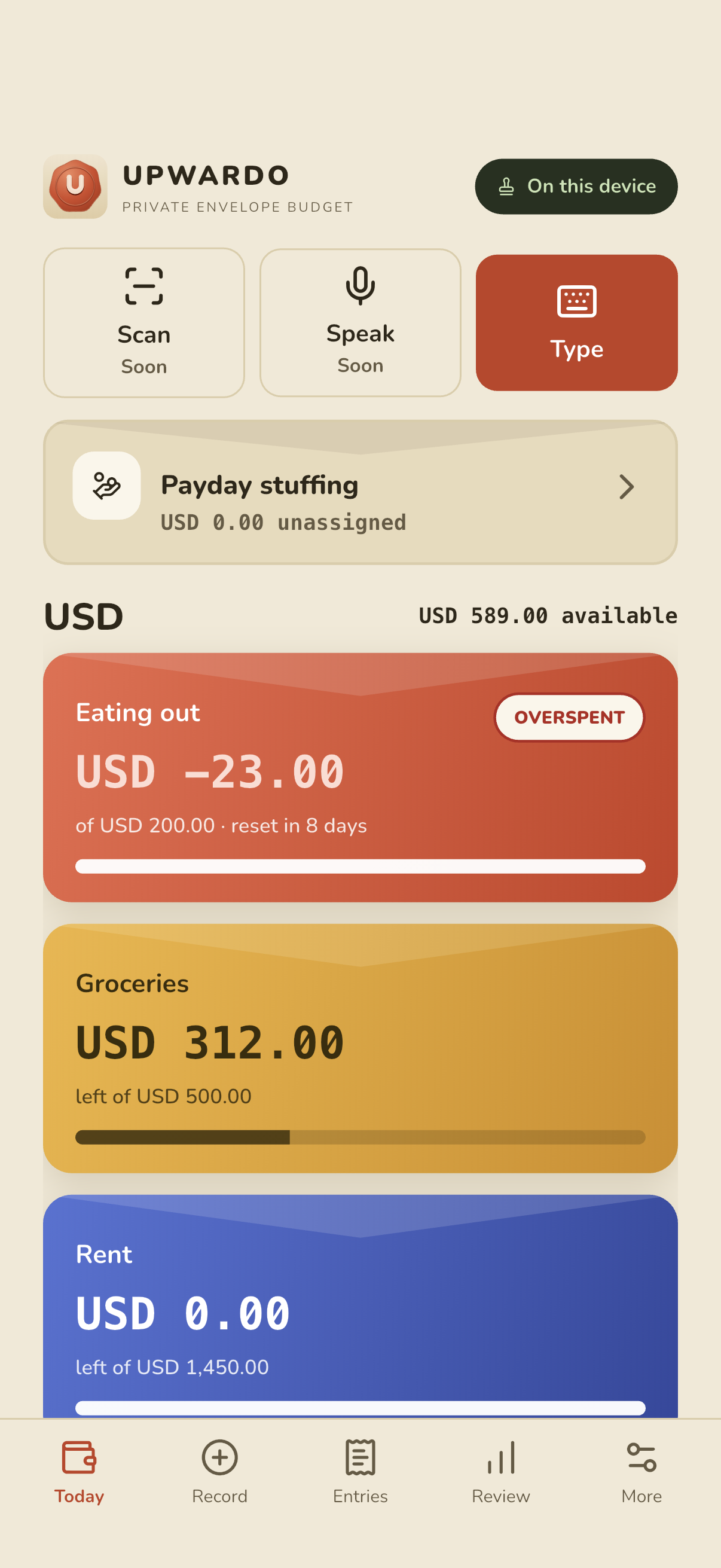 Upwardo today screen: USD 589.00 available, an overspent Eating out envelope at USD −23.00, Groceries at USD 312.00 and Rent at USD 0.00.